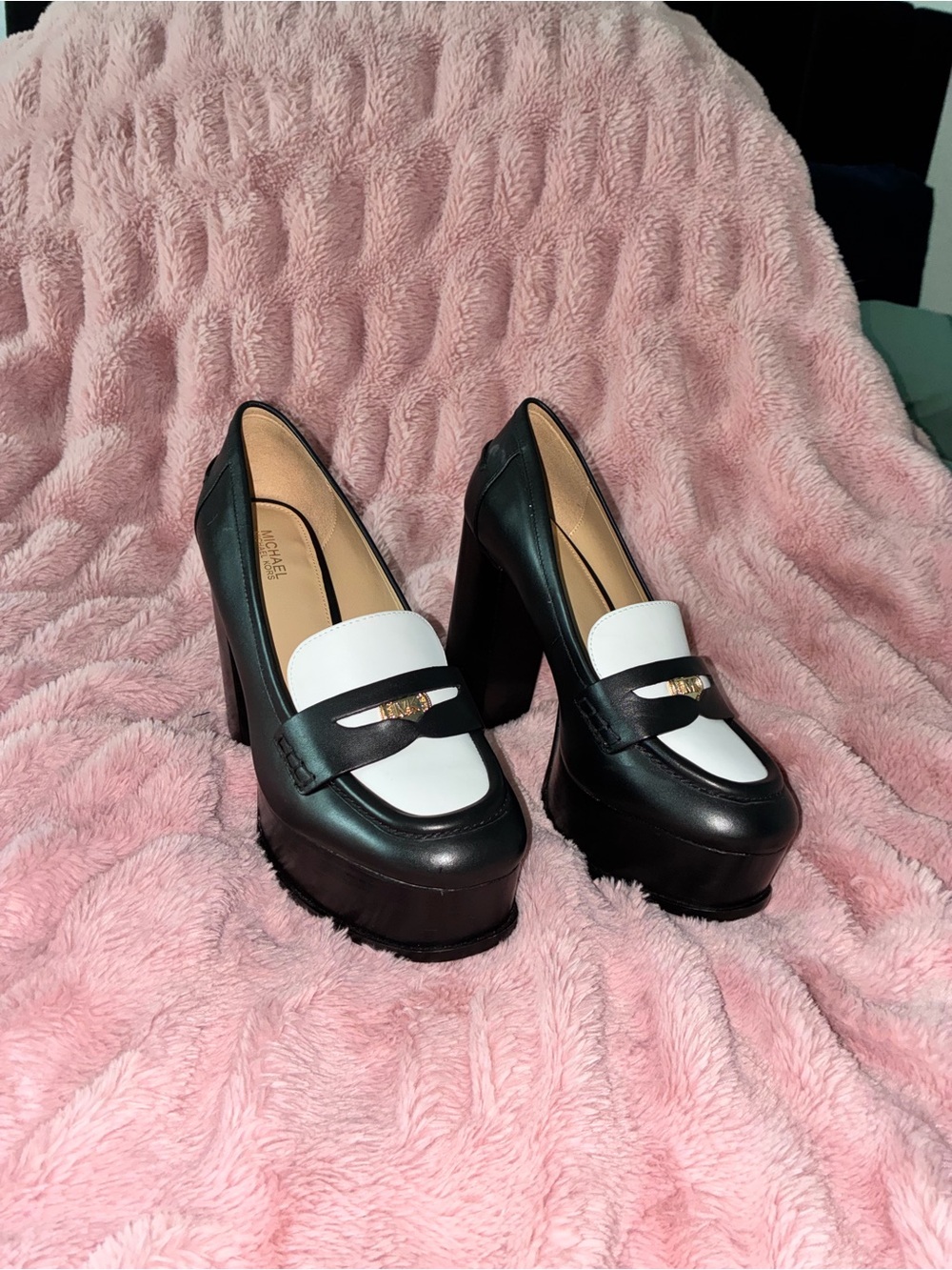 Michael Kors Black and White Platform Loafers with Gold Accent